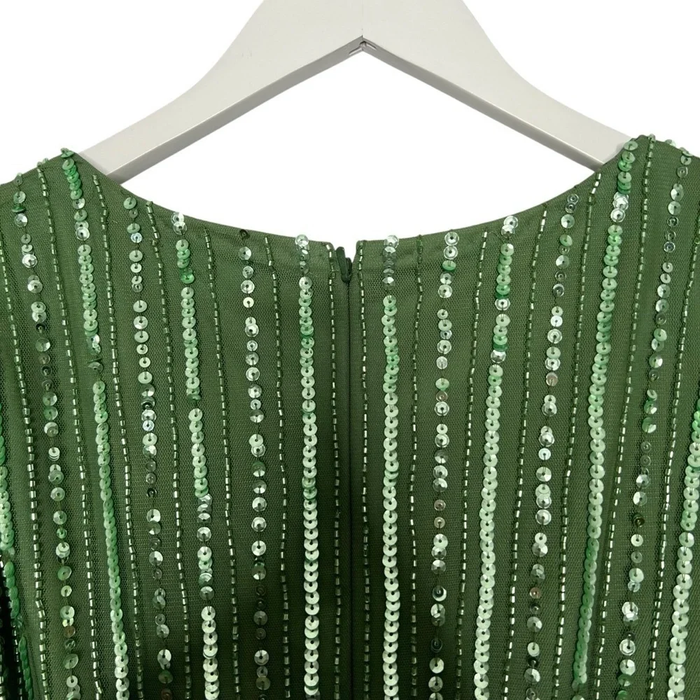 Mac Duggal Sequined Wrap Over Cap Sleeve Ruffle Hem Dress Sage Size 6 NEW - Picture 13 of 15